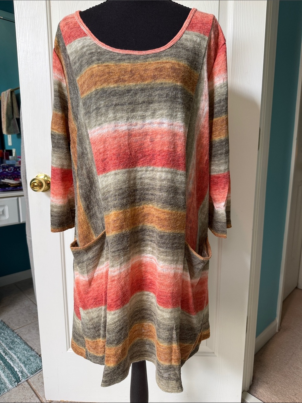 Striped Scoop Neck Tunic in Coral, Olive & Mustard